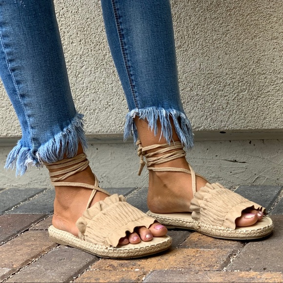 Cream Scrunch Vamp Lace Up Espadrille Sandals - Picture 6 of 8